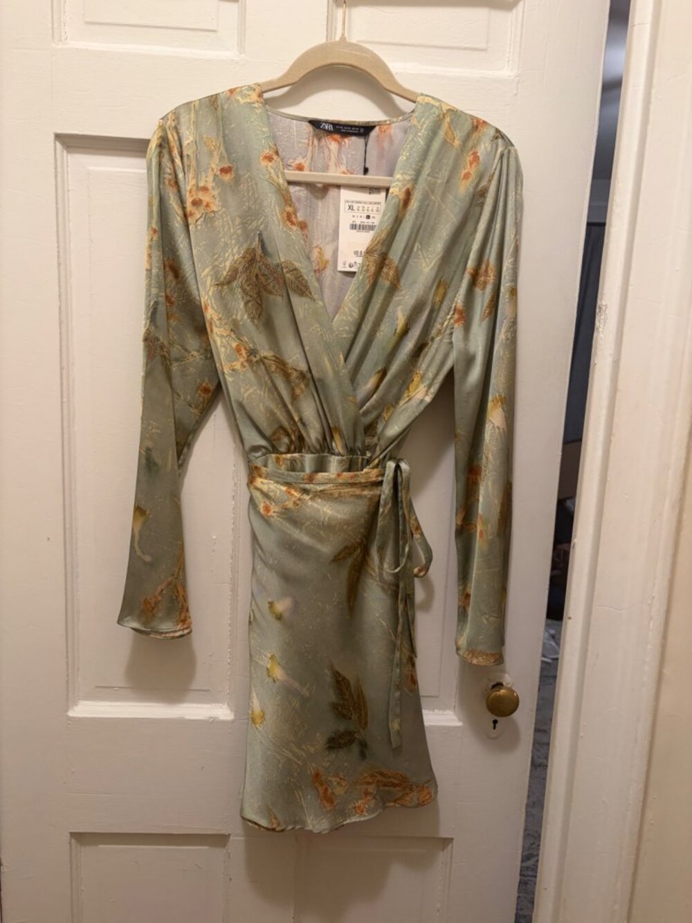 ZARA NWT Satin Floral Wrap Dress Sage Green Long Sleeve XL